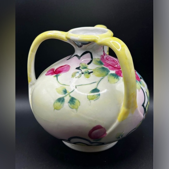 Vintage Trademarked Hand Painted Floral Ceramic Three Handled Vase, Cottagecore - Picture 3 of 8